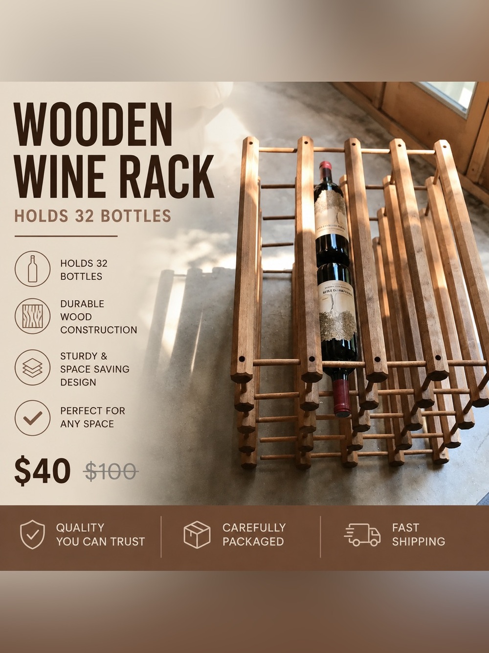 Wooden Wine Rack (holds 32 bottles)